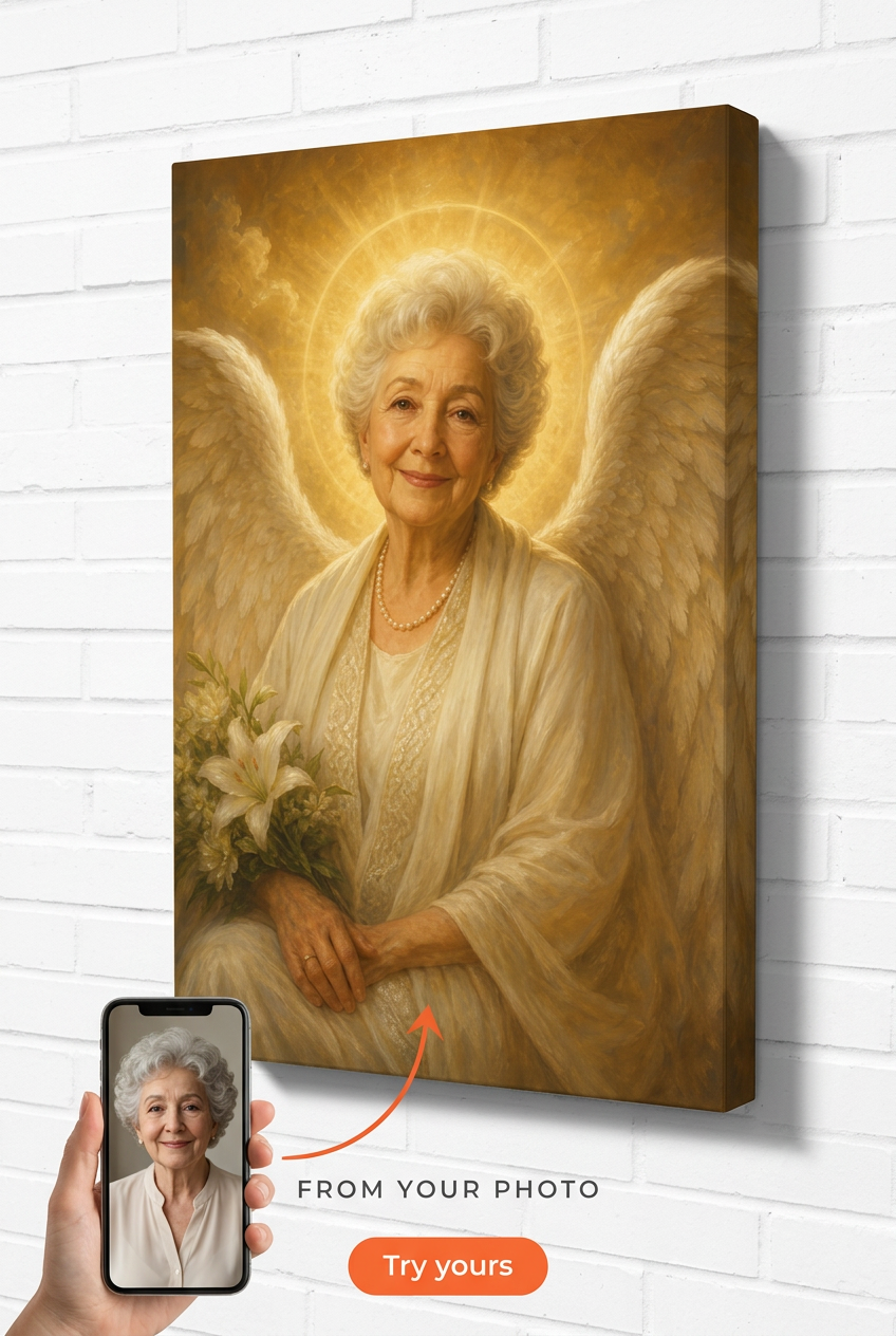 Custom Memorial Single Woman Portrait — Serene Angel Wings Canvas