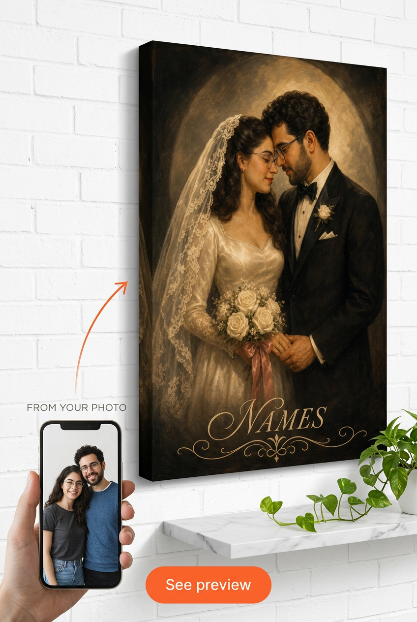 Custom 1940s Hollywood Wedding Couple Portrait from Photo | Personalized Gift