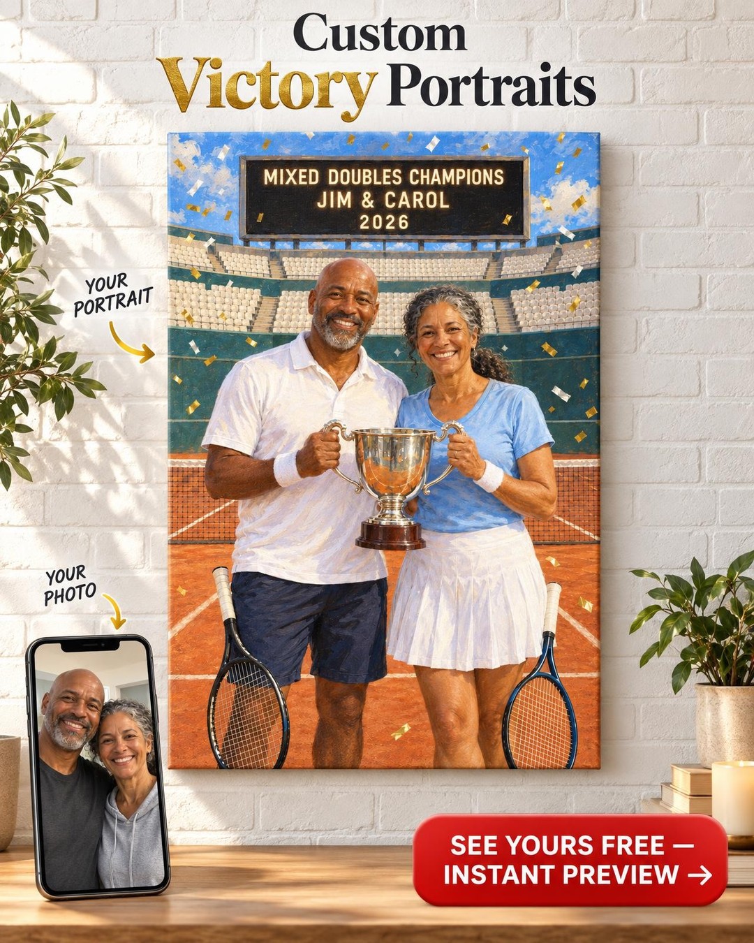 Mixed Doubles Champions Custom Portrait from Photo | Personalized Tennis Portrait Gift