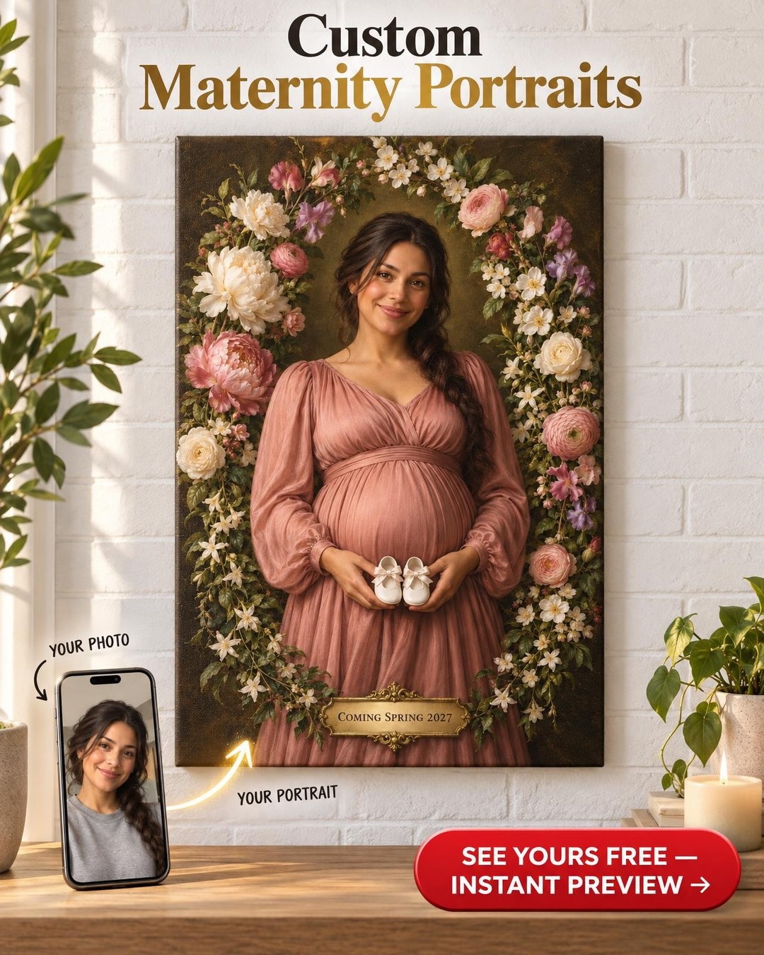 Heirloom Floral Maternity Custom Portrait from Photo | Mom-to-Be Gift