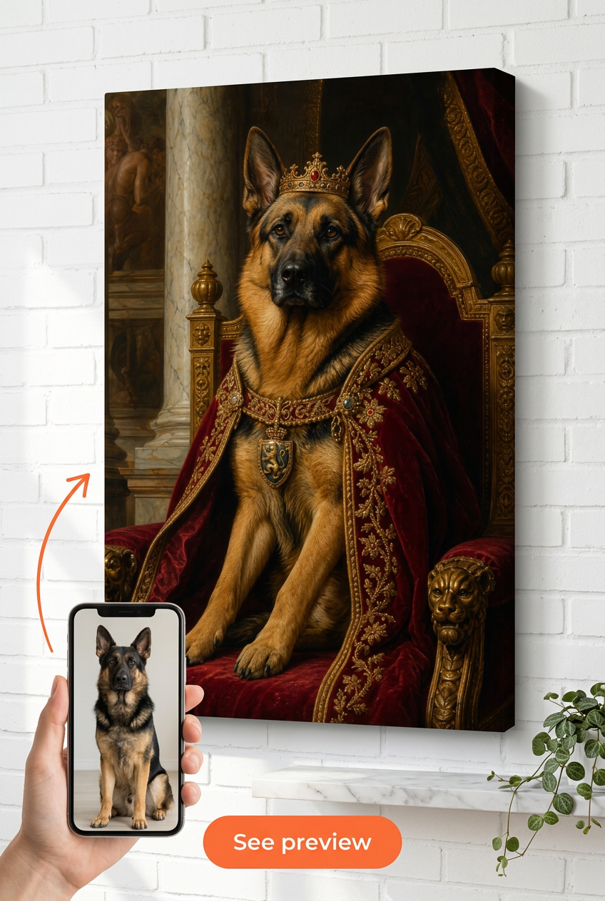 Custom Royal Dog Portrait — Heroic Throne Canvas from Photo