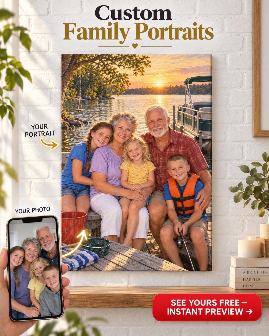 Grandparents and Grandkids Lake Custom Portrait from Photo | Personalized Lake Life Gift