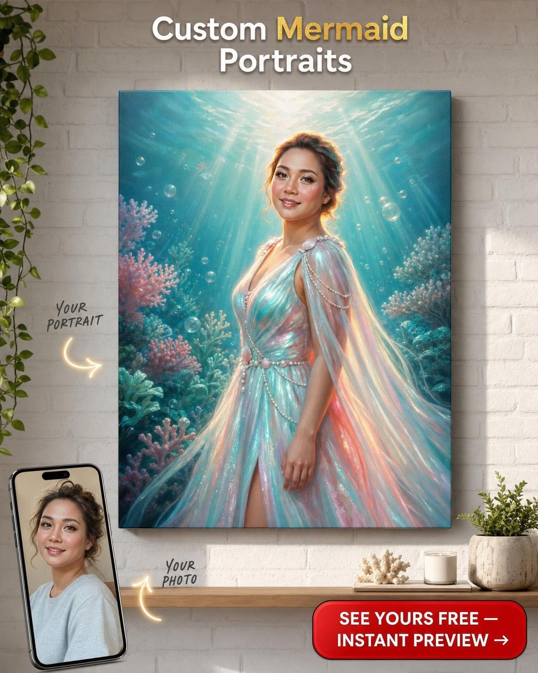 Custom Ocean Woman Portrait — Whimsical Mermaid Canvas from Photo