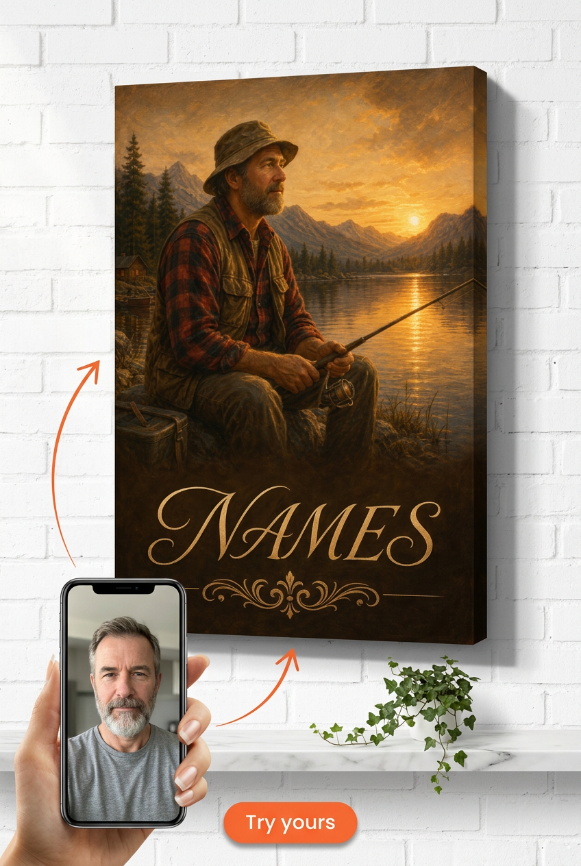 Custom Hobby Portrait for Men — Fishing Sunset Canvas from Photo