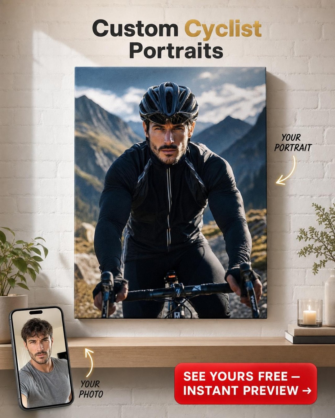 Custom Athlete Portrait — Heroic Cyclist Canvas for Him