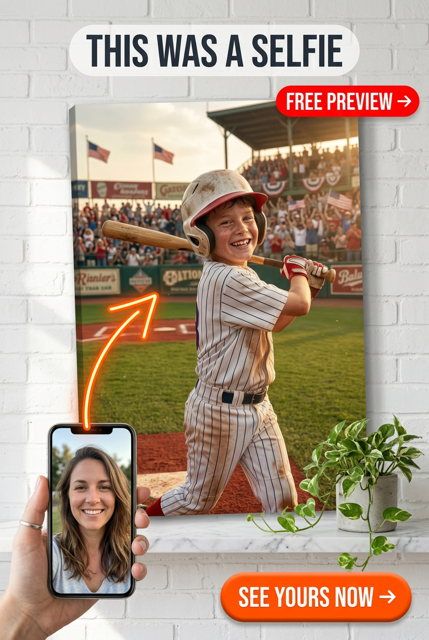 Custom Baseball Boy Portrait — Whimsical Home Run Canvas