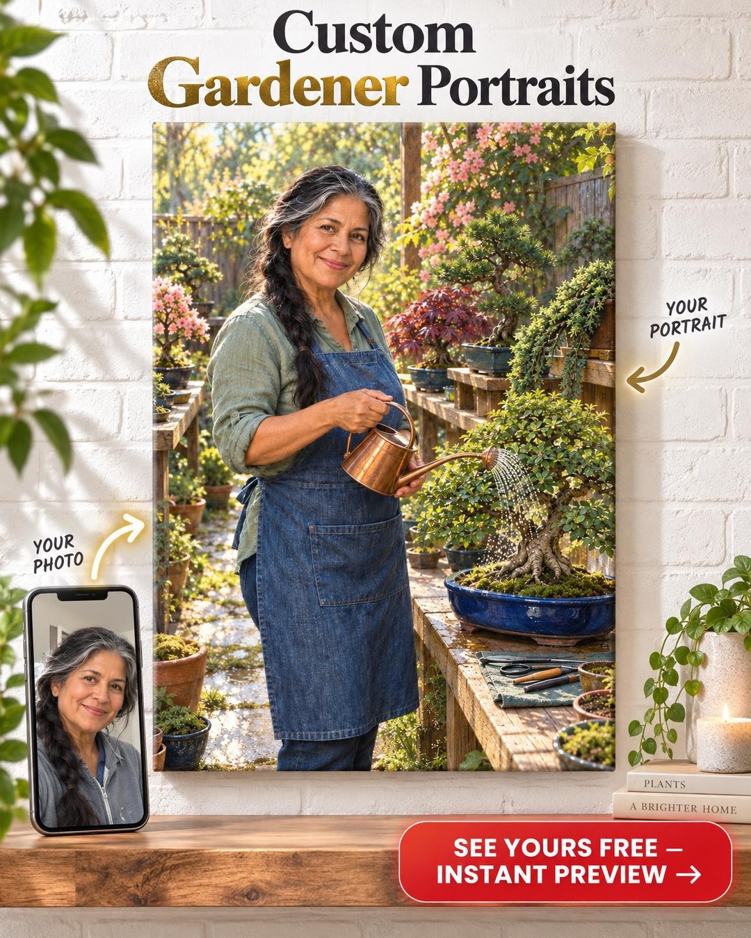 Watering the Benches Bonsai Custom Portrait from Photo | Personalized Bonsai Portrait Gift
