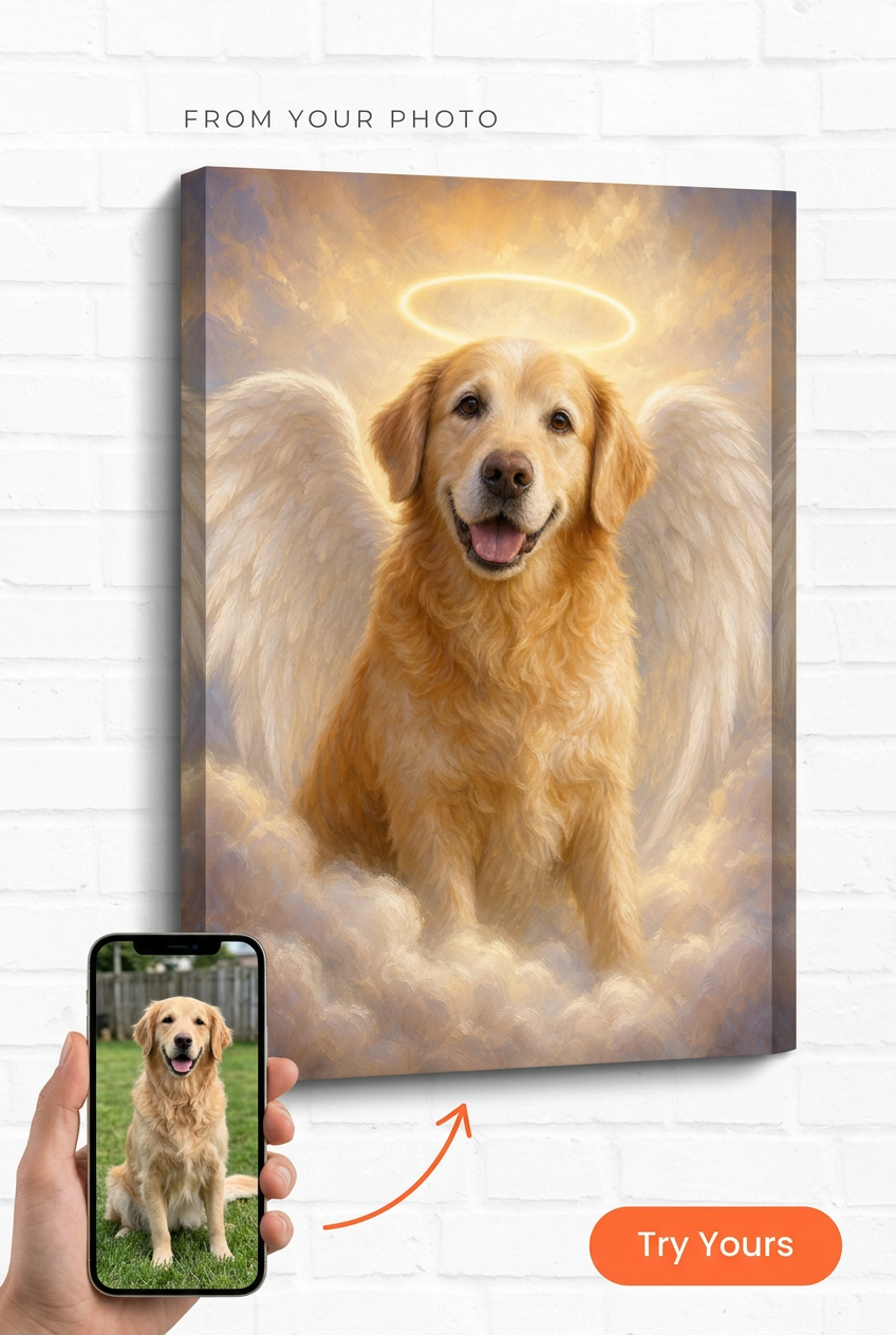Custom Memorial Dog Portrait — Golden Retriever Angel Canvas from Photo