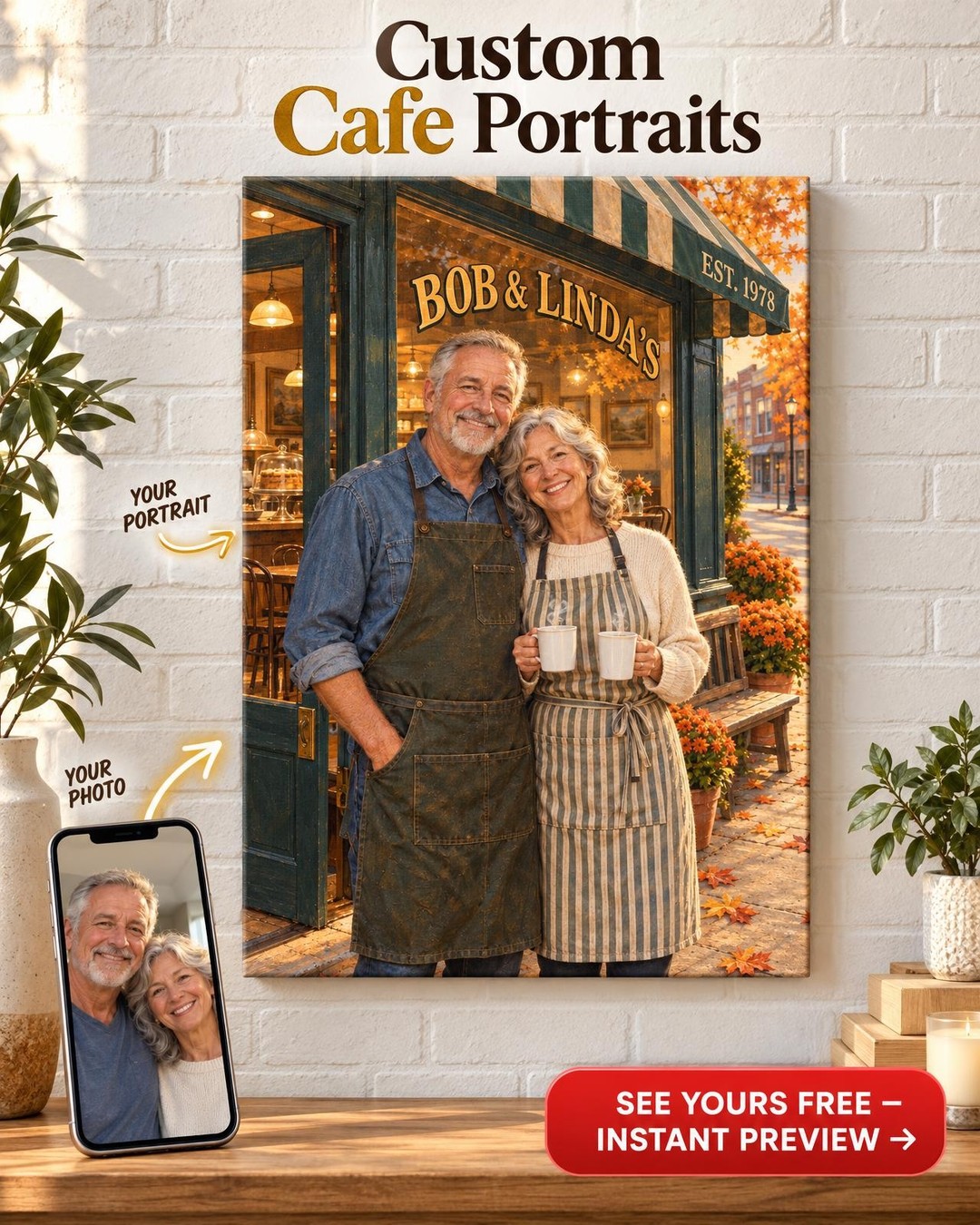 Our Little Café Couple Custom Portrait from Photo | Personalized Coffee House Gift