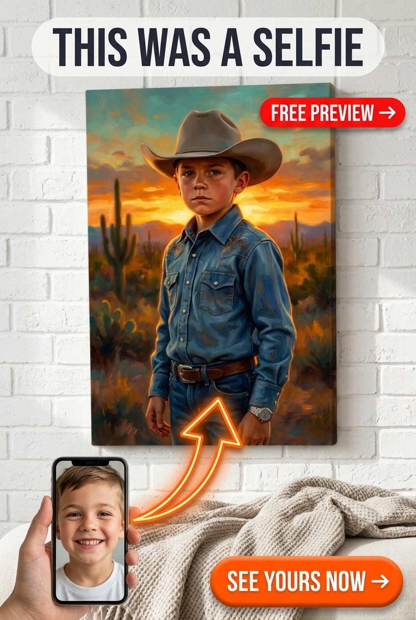 Custom Cowboy Boy Portrait — Heroic Desert Sunset Canvas
