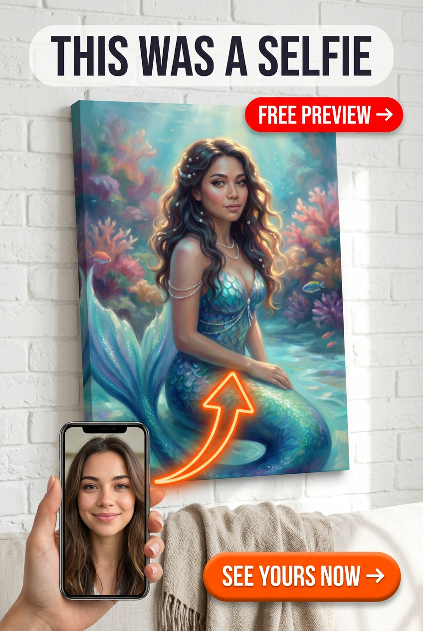 Custom Fantasy Mermaid Portrait for Woman — Whimsical Ocean Canvas from Photo