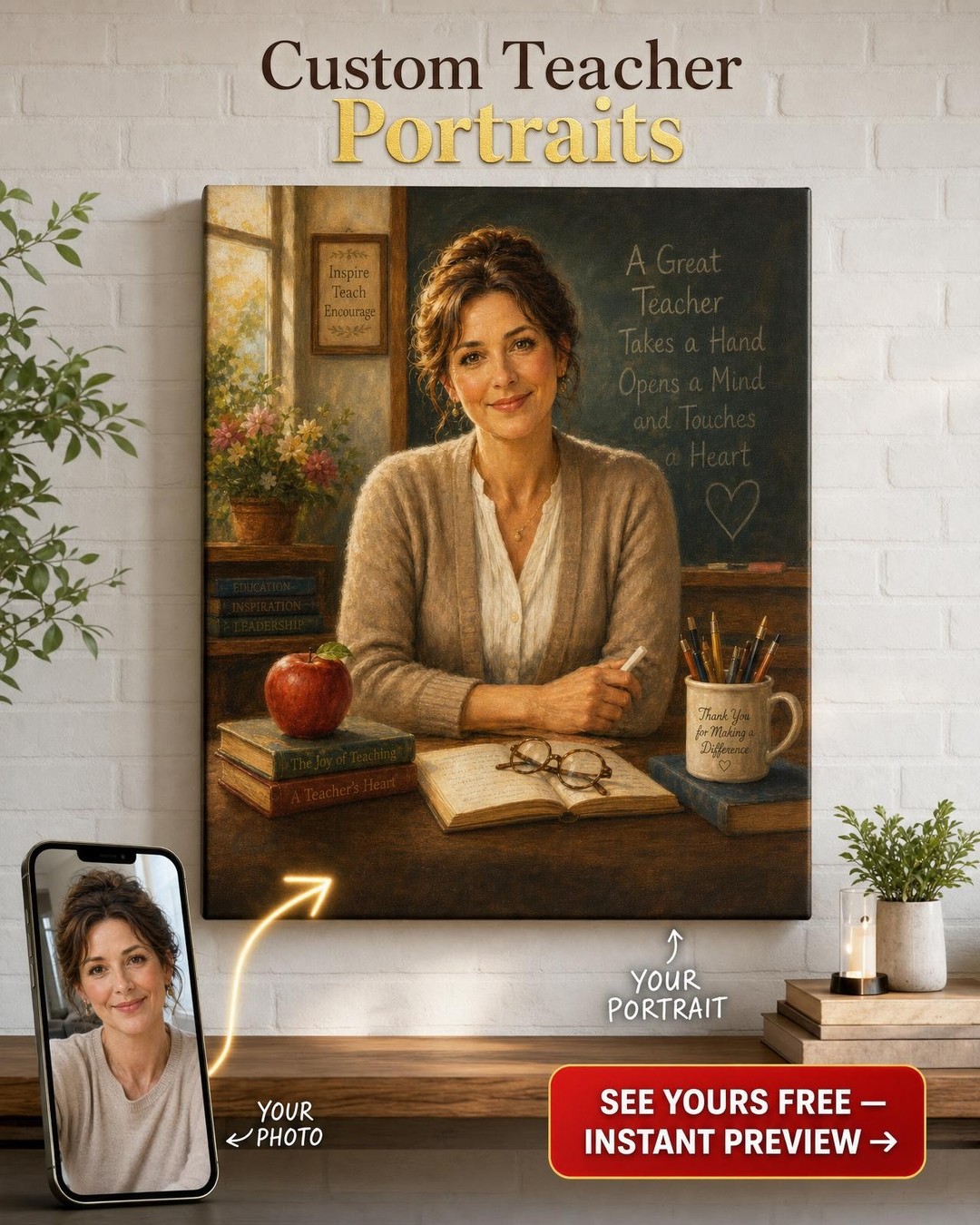 Teacher Gifts — Inspirational Classroom Portrait Canvas from Photo