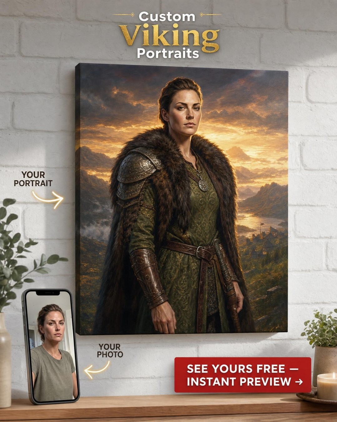Custom Viking Woman Portrait — Regal Fur Cloak Canvas