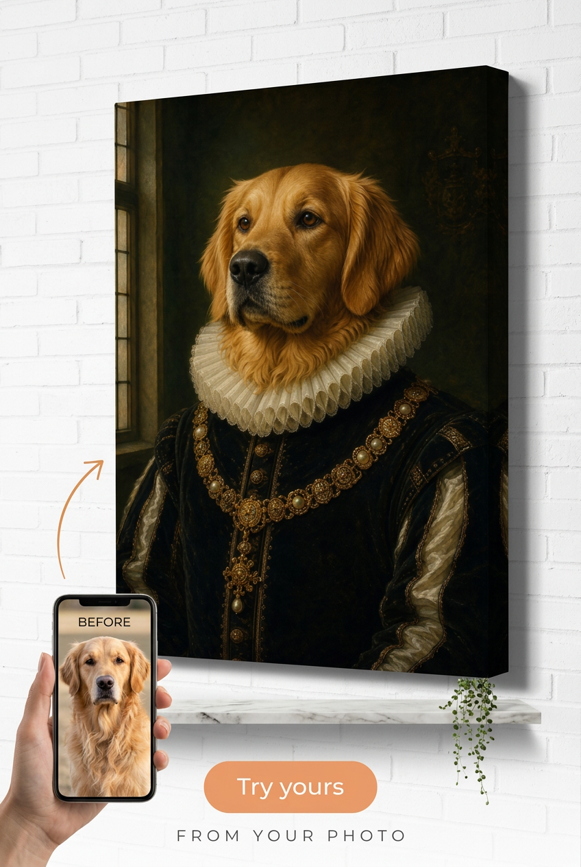 Custom Renaissance Pet Portrait — Regal Golden Retriever Canvas
