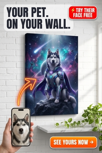 Custom Sci-Fi Pet Portrait Canvas — Heroic Dog with Cape & Stars