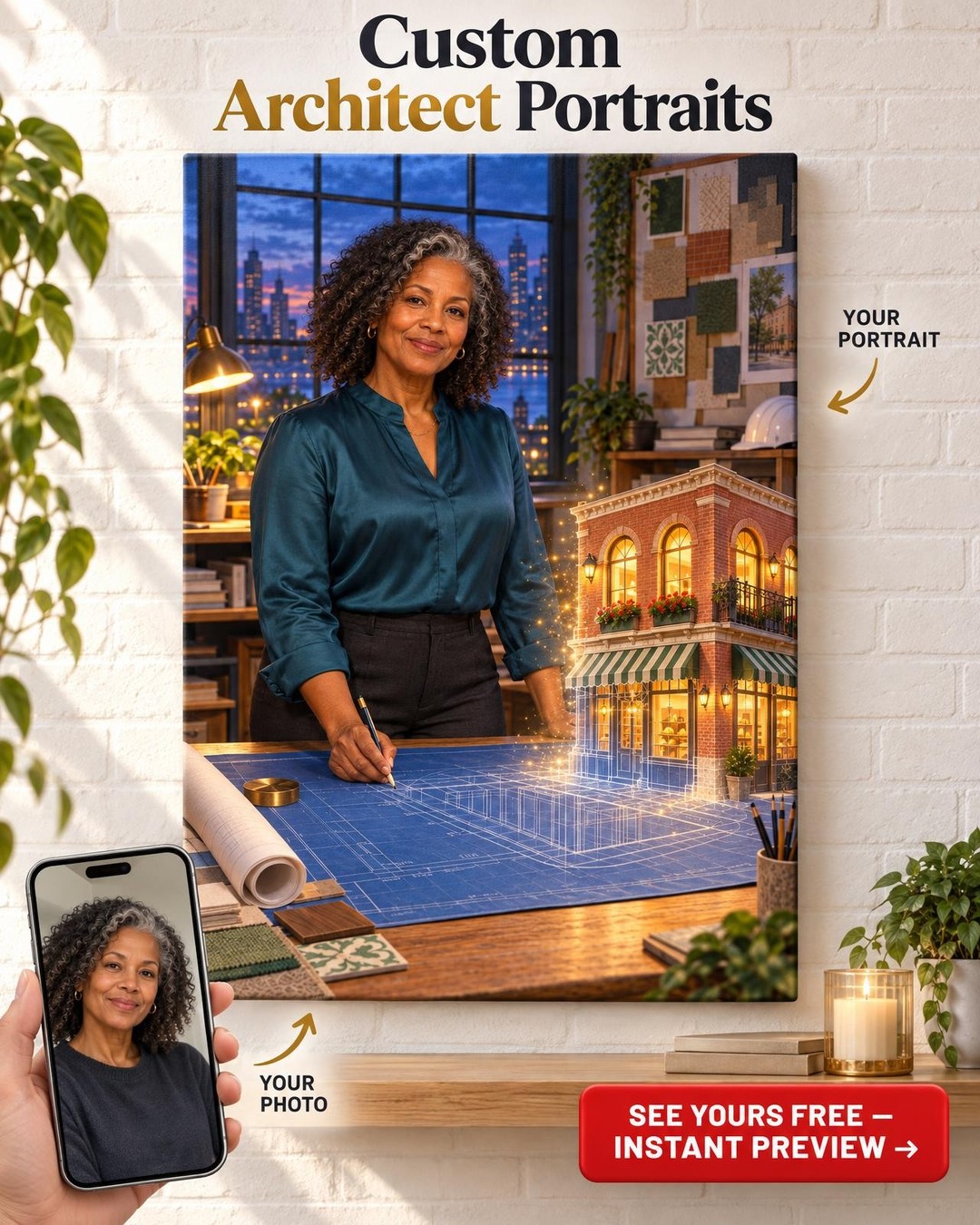 Rising From The Blueprint Custom Portrait from Photo | Personalized Dream Builder Gift