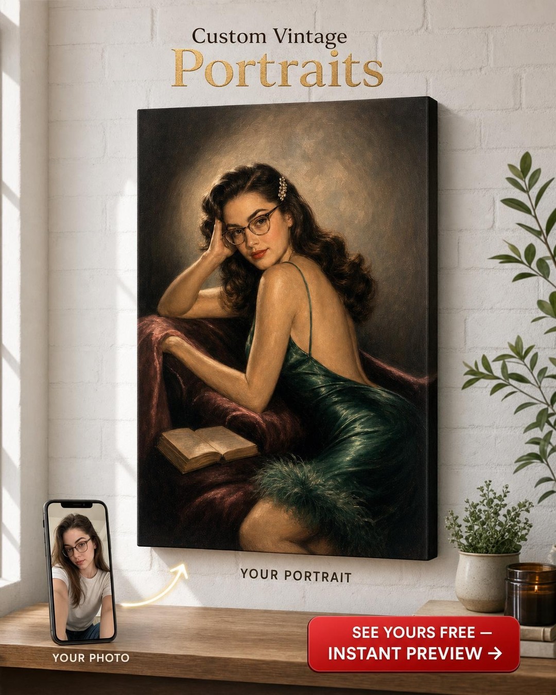 Custom 1940s Hollywood Chaise Lounge Starlet Portrait from Photo | Personalized General Gift