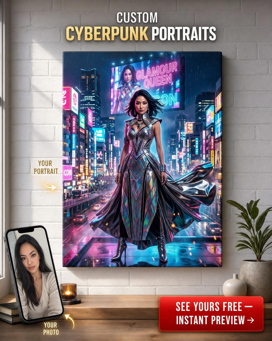Custom Cyberpunk Woman Portrait — Neon Glamour Canvas from Photo