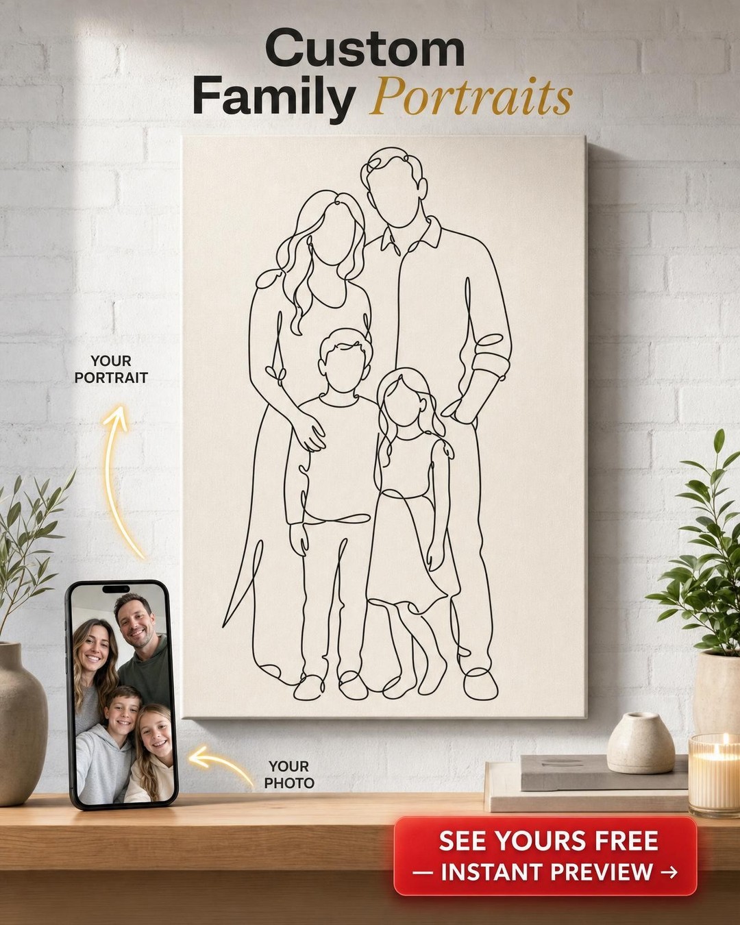 Custom Family Line Drawing Portrait — Serene Minimalist Canvas