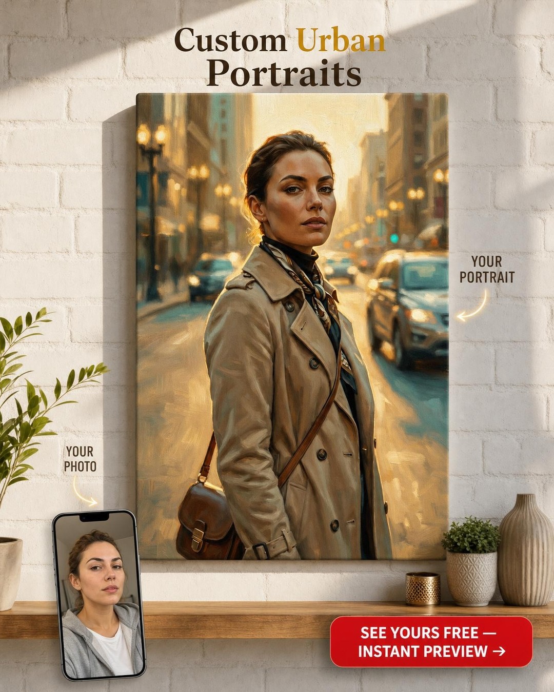 Custom Impressionist Woman Portrait — Urban Serenity Canvas from Photo