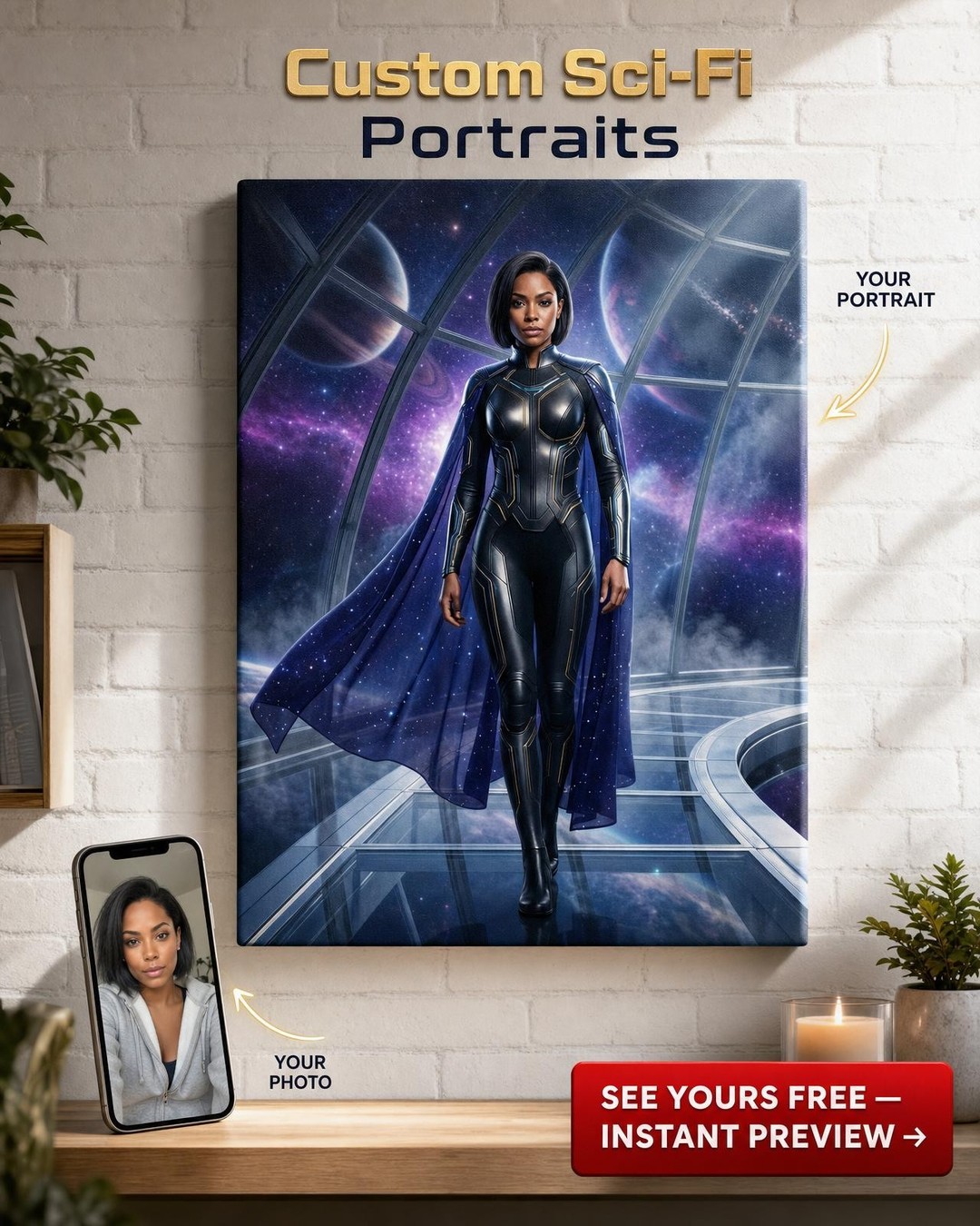 Custom Sci-Fi Man Portrait — Heroic Space Suit Galaxy Canvas
