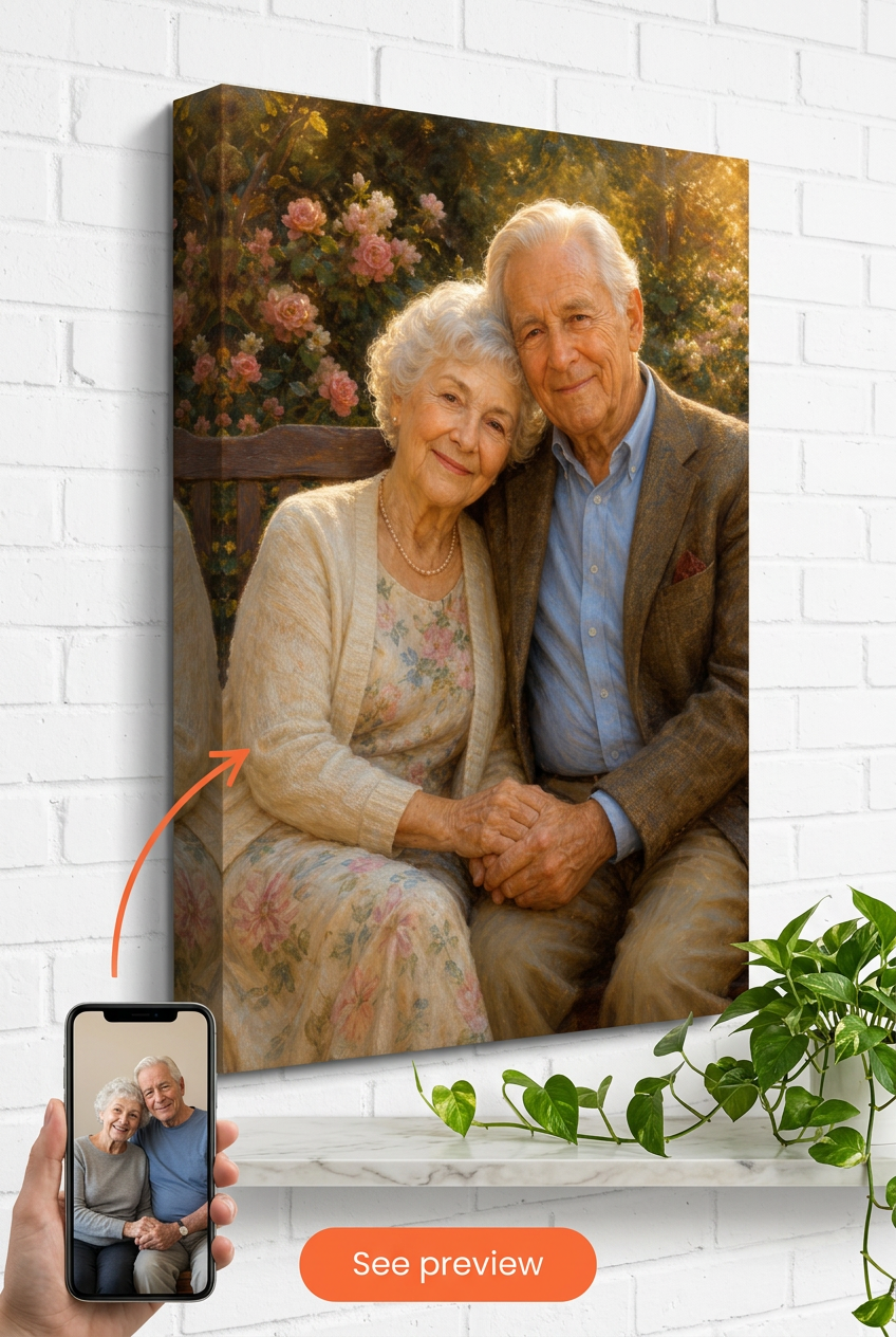 Custom Family Couple Portrait — Serene Floral Canvas from Photo