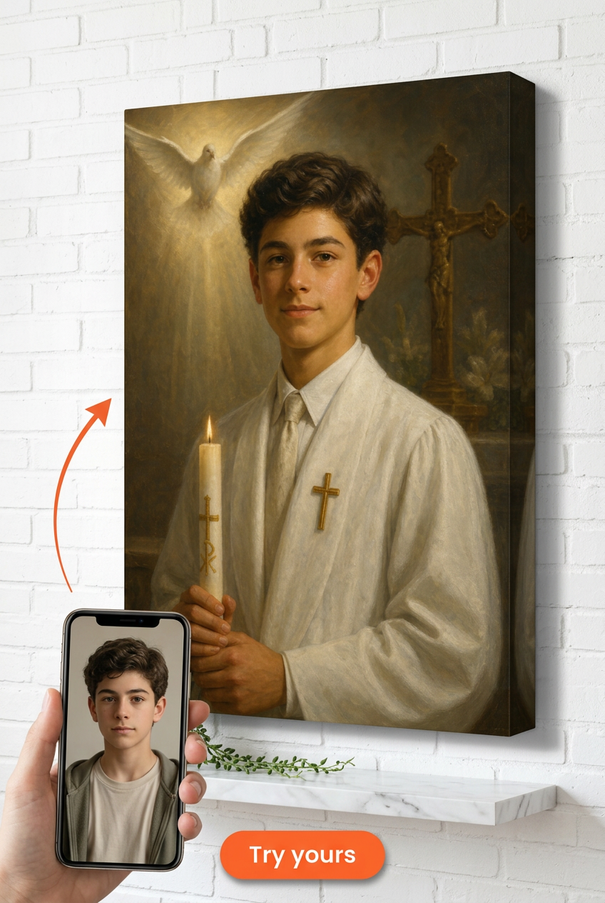 Custom Confirmation Boy Portrait — Serene Religious Canvas from Photo