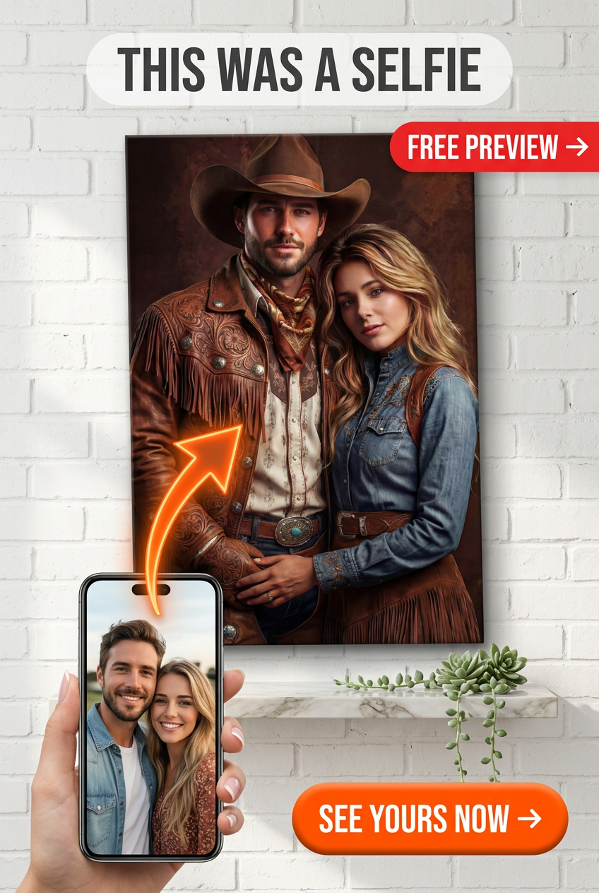 Custom Cowboy Couple Portrait — Romantic Western Canvas from Photo