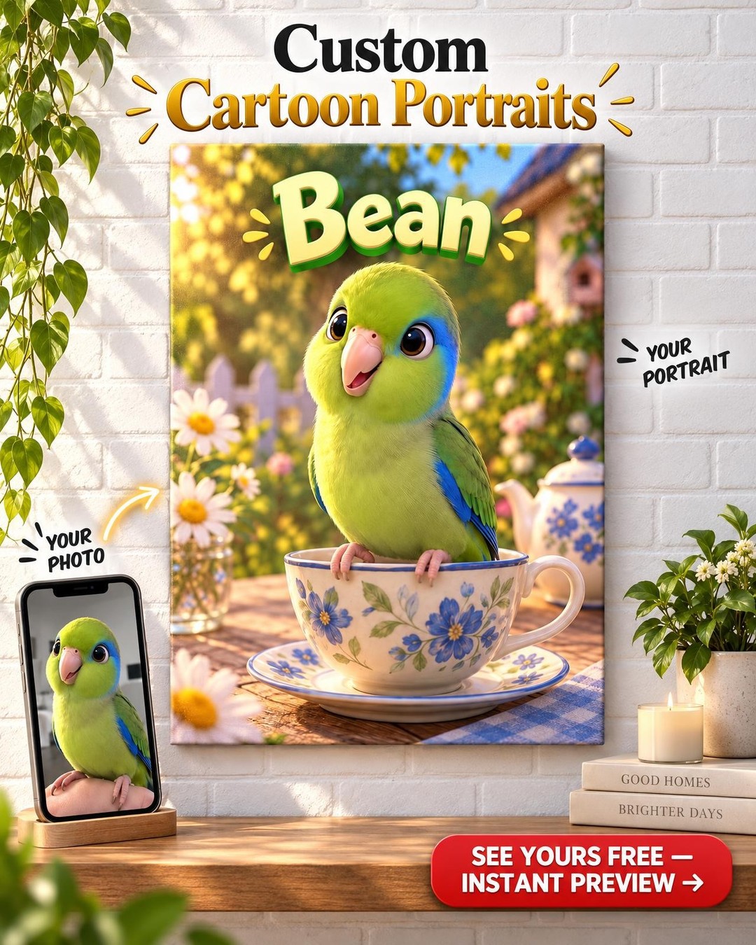 Custom Pixar-Style 3D Parrotlet Portrait from Photo | Personalized Bird Gift
