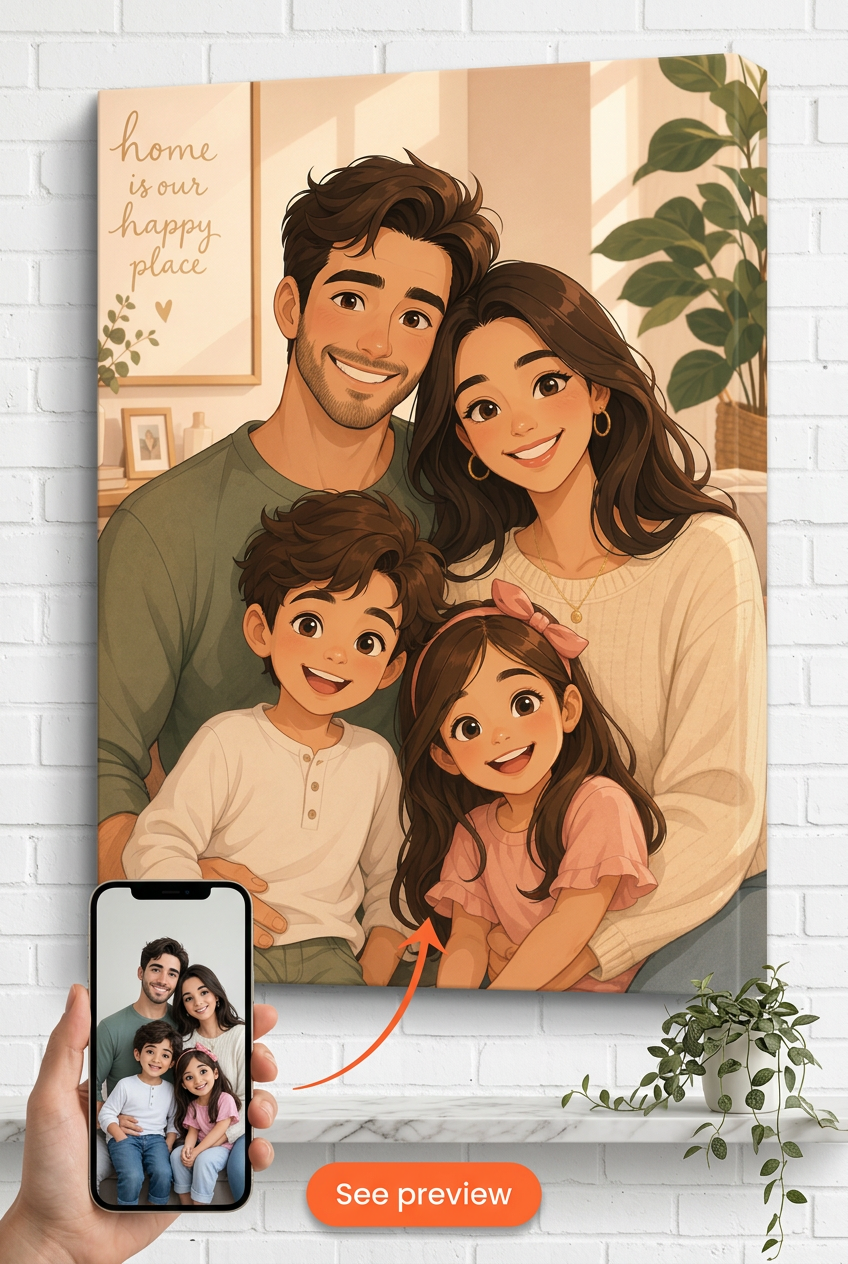 Custom Cartoon Family Portrait — Whimsical Home Decor Canvas