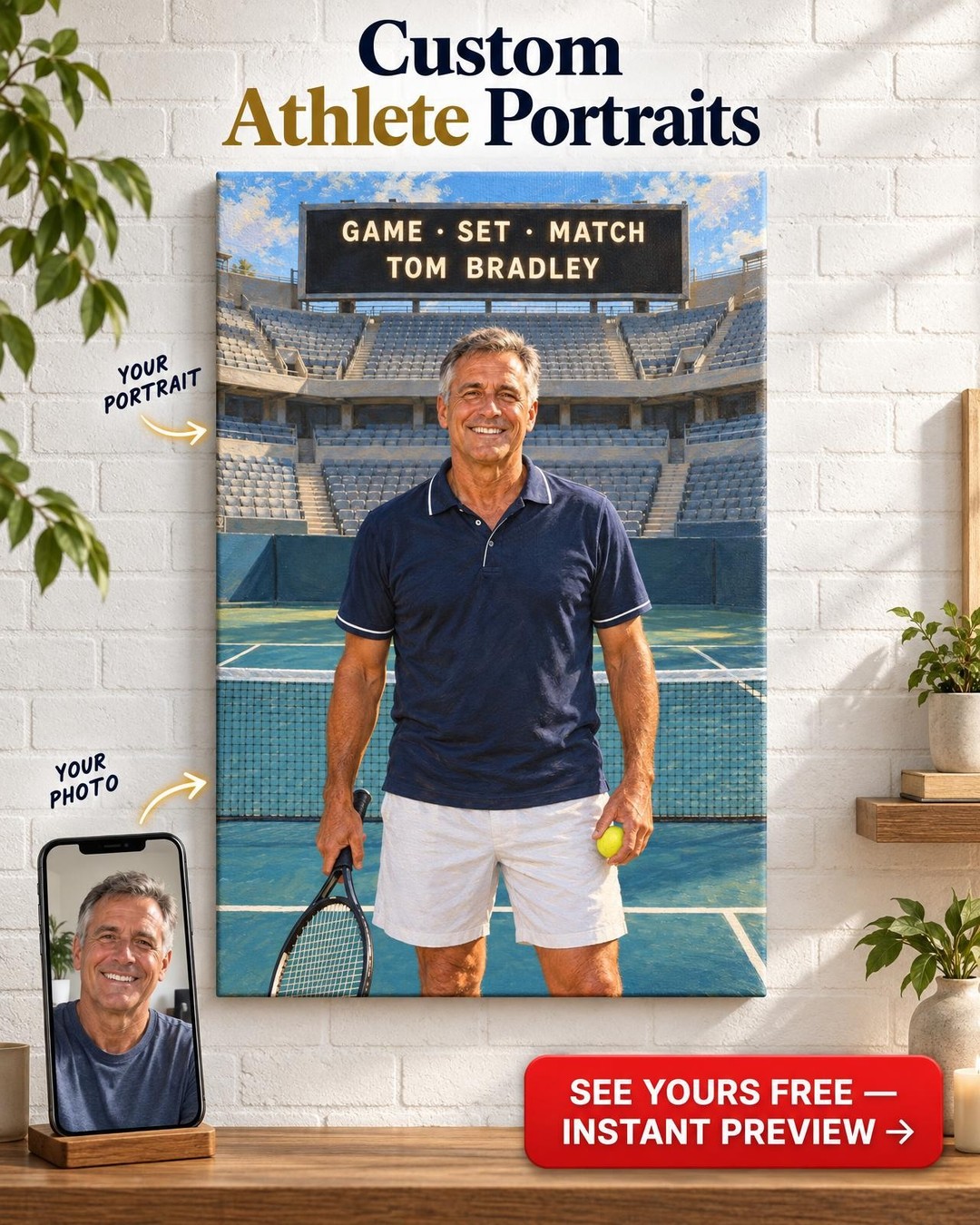 Tennis Scoreboard Name Custom Portrait from Photo | Personalized Gift for Him