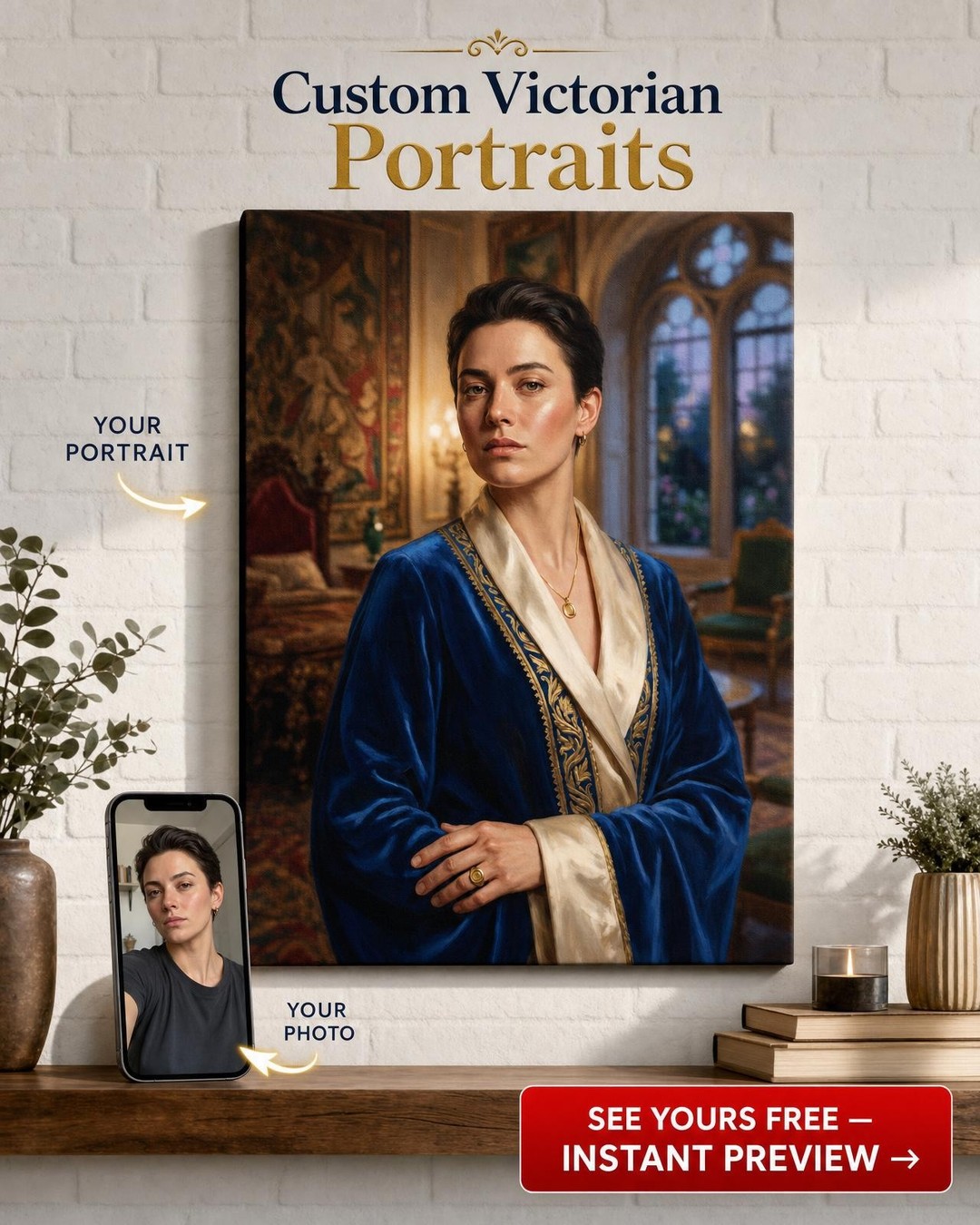 Custom Royal Woman Portrait — Regal Blue Robe Canvas from Photo