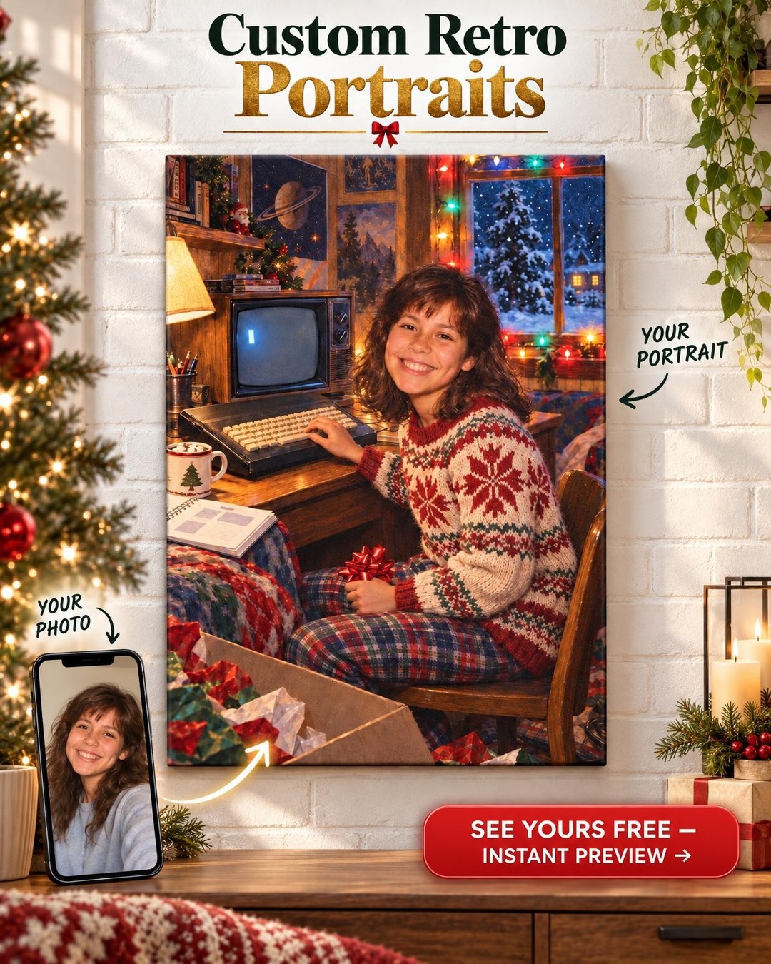 The Christmas It Arrived Custom Portrait from Photo | Personalized First Computer Portrait Gift
