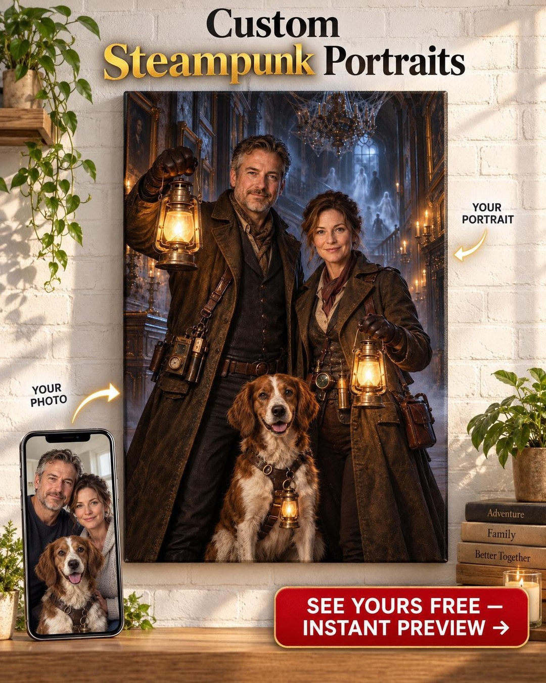 Ghost Hunters Halloween Couple-and-Pet Custom Portrait from Photo | Personalized Gift