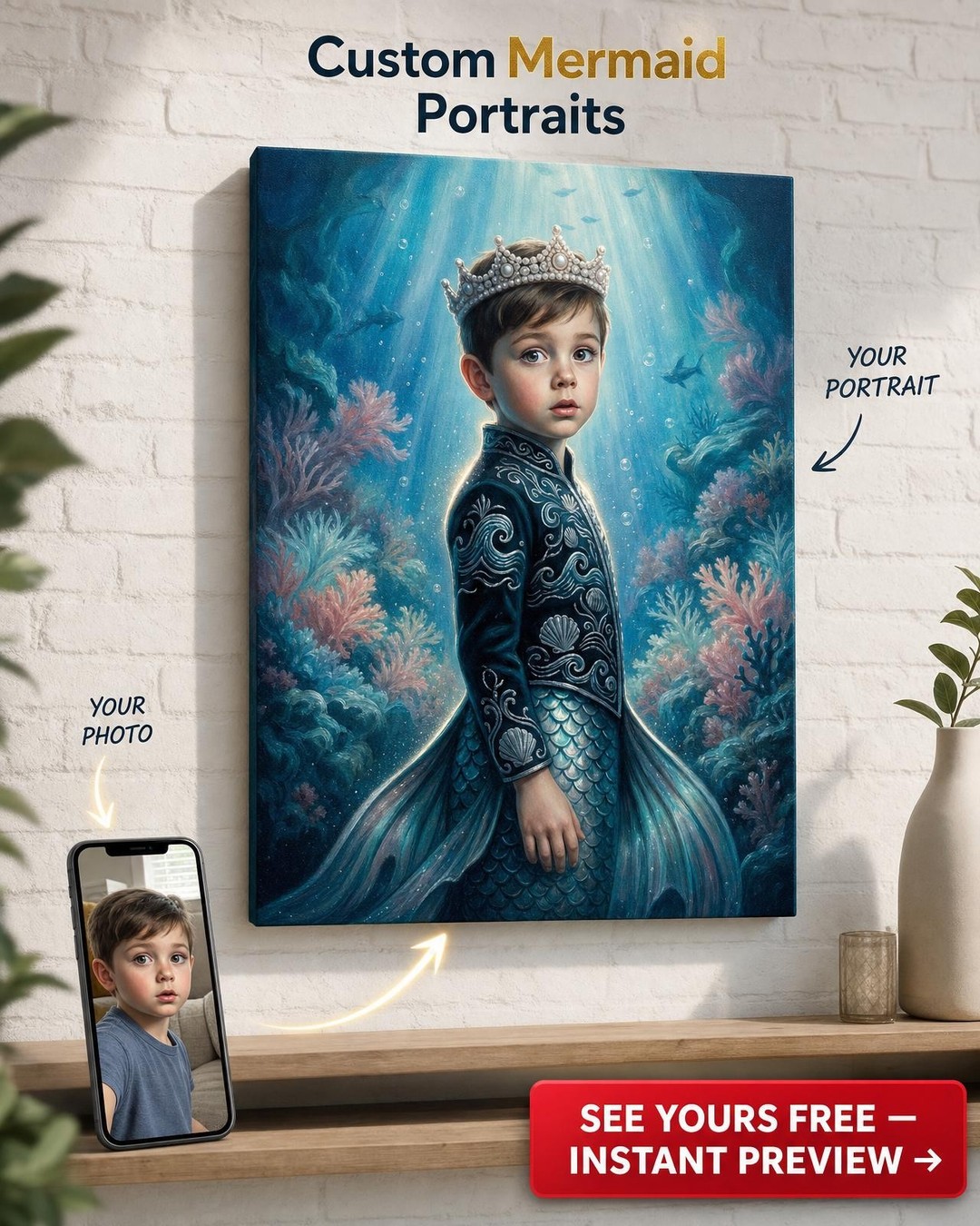Custom Royal Single-Child Portrait — Whimsical Underwater Majesty Canvas