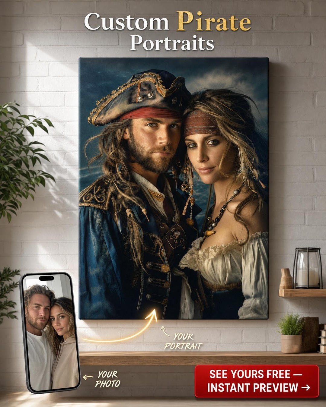 Custom Pirate Couple Portrait — Adventurous Canvas Art