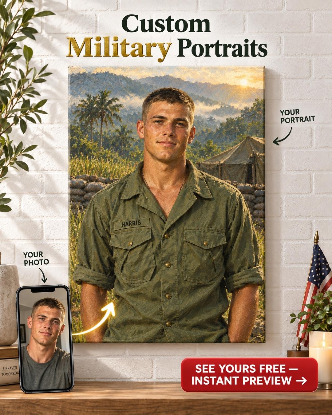 Veteran Name Tape Jungle Fatigues Custom Portrait from Photo