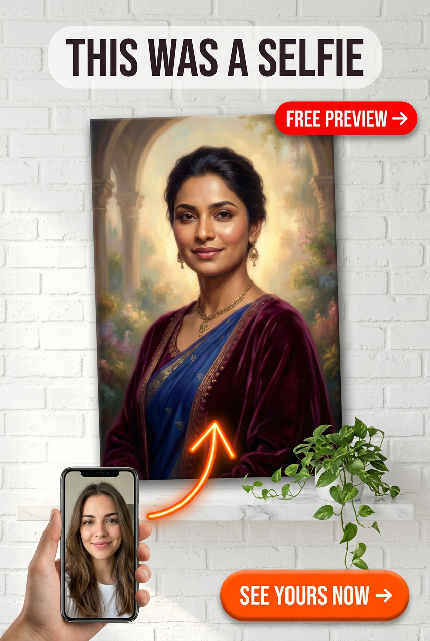 Custom Royal Woman Portrait — Regal Sari Canvas from Photo