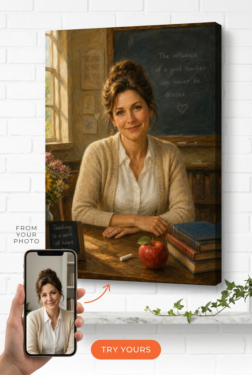 Custom Teacher Portrait from Photo — Serene Classroom Canvas