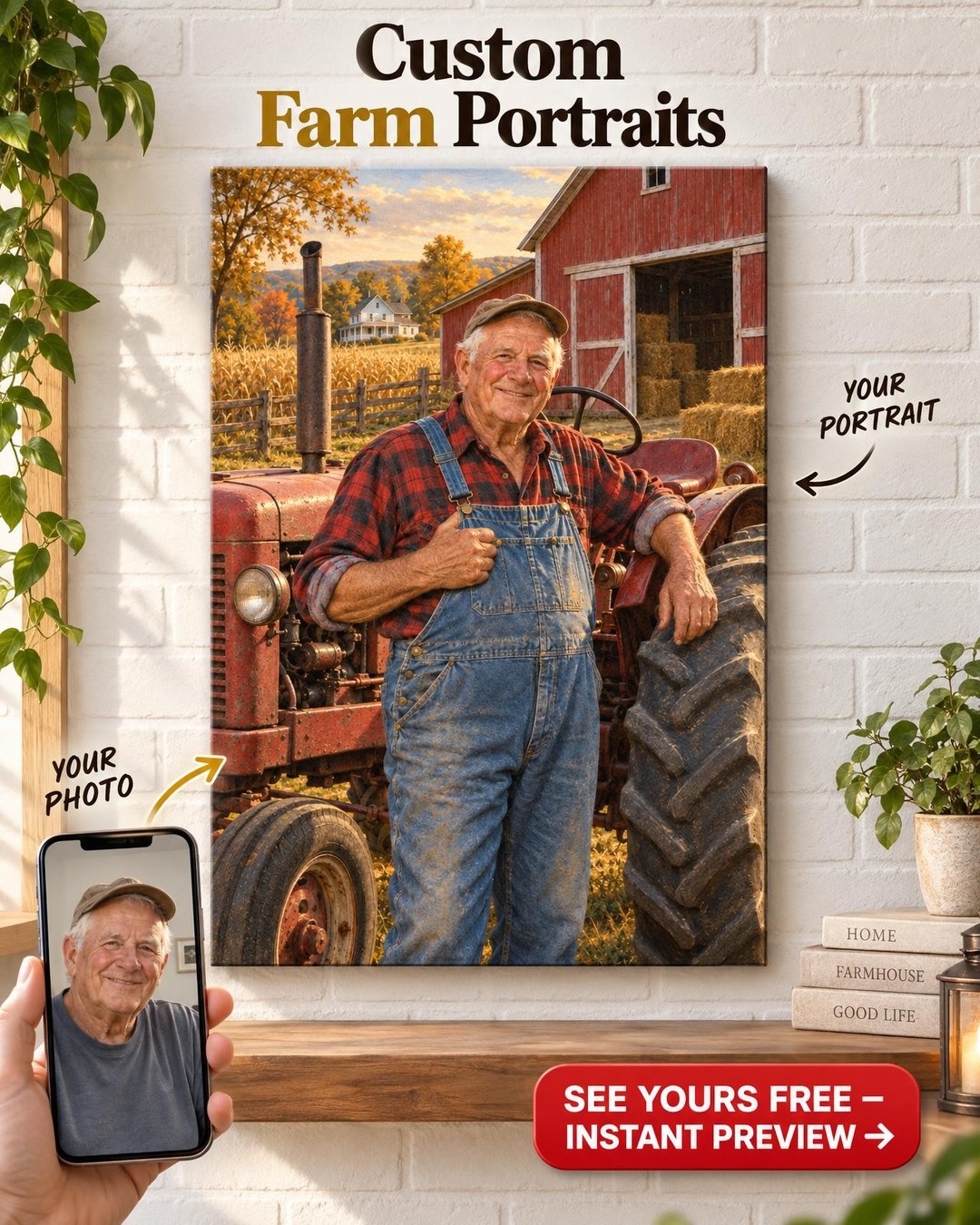 Grandpa and Tractor Custom Portrait from Photo | Personalized Family Farm Gift