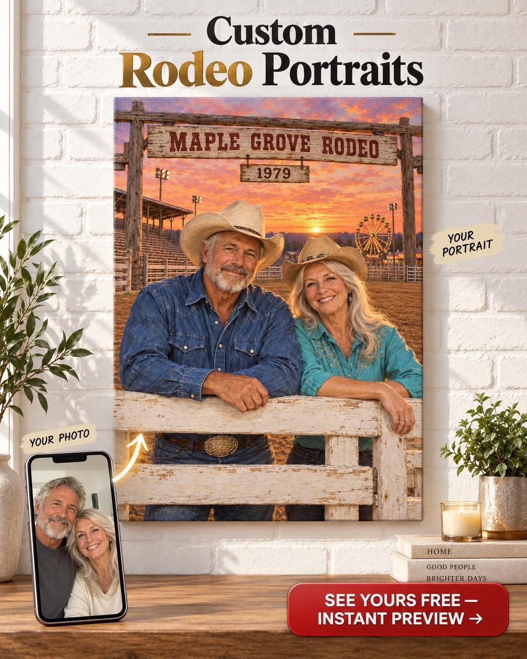 County Fair Rodeo Cowboy Couple Custom Portrait from Photo | Personalized County Fair Gift
