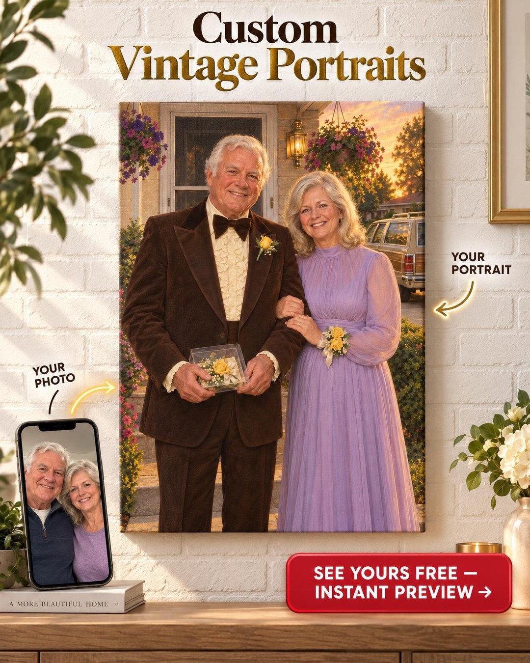 1970s Front Porch Prom Couple Custom Portrait from Photo | Personalized Prom Portrait Gift
