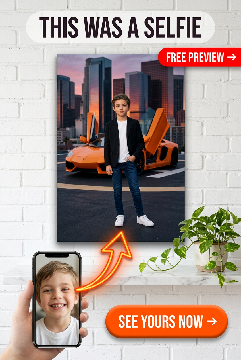 Custom Sunset Single-Man Portrait — Whimsical Sports Car Canvas