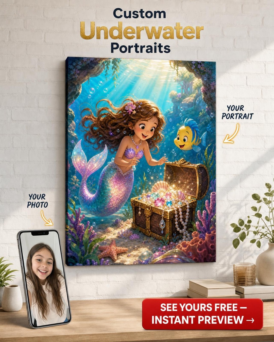Treasure Cove Little Mermaid Custom Portrait from Photo | Personalized Canvas Gift