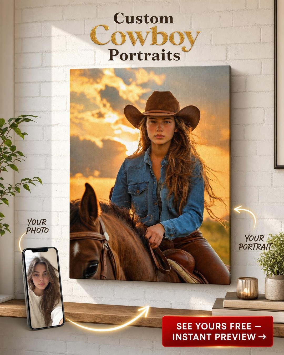 Custom Cowboy Woman Portrait — Heroic Horseback Canvas