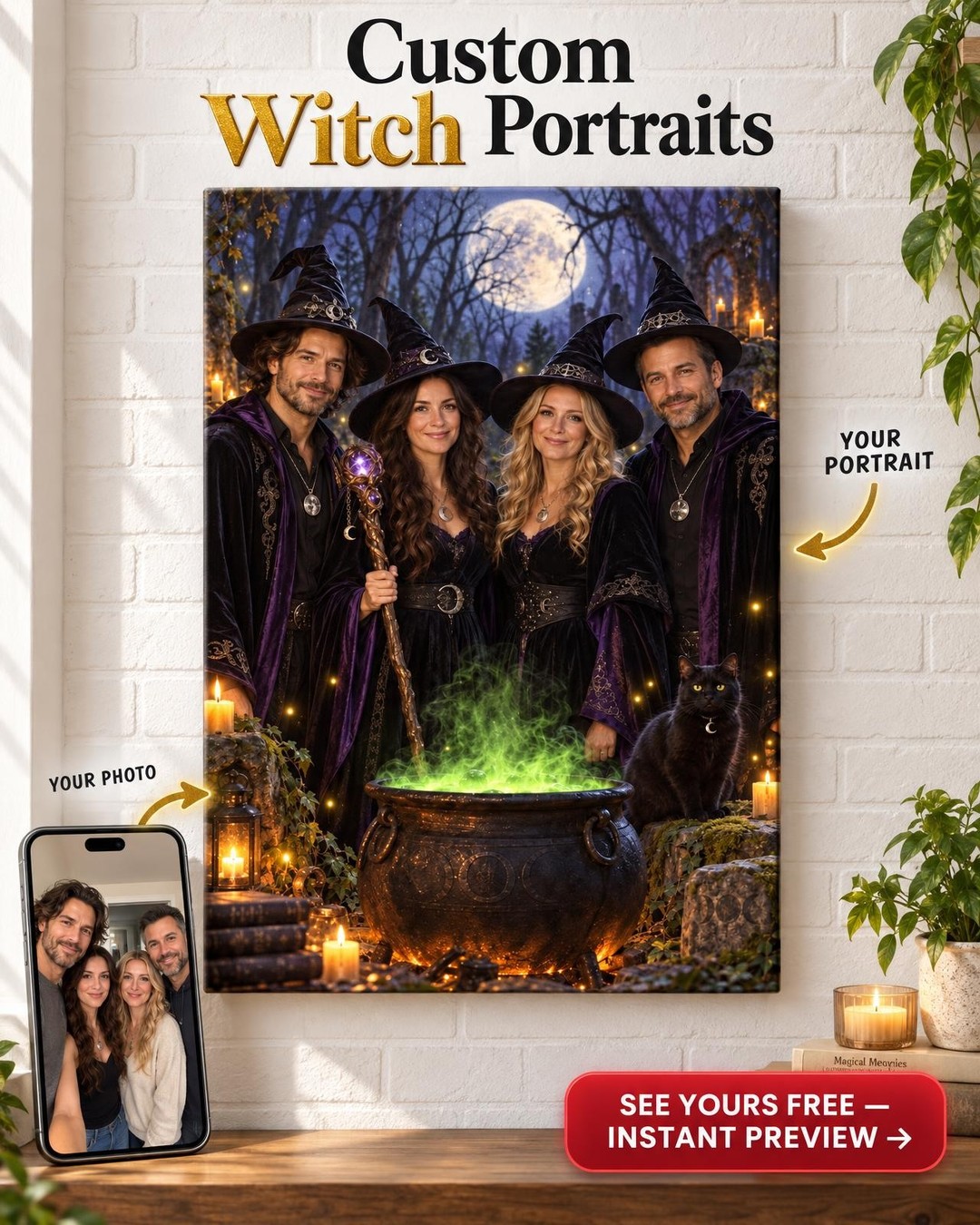 Moonlit Forest Witch Custom Portrait from Photo | Personalized Gift