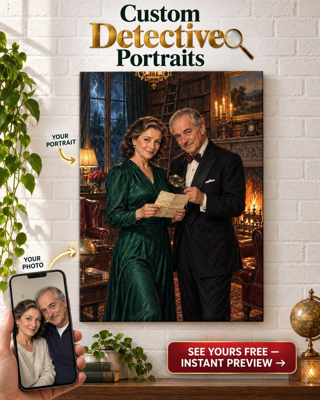 Manor Library Whodunit Custom Portrait from Photo | Personalized Film Noir Gift