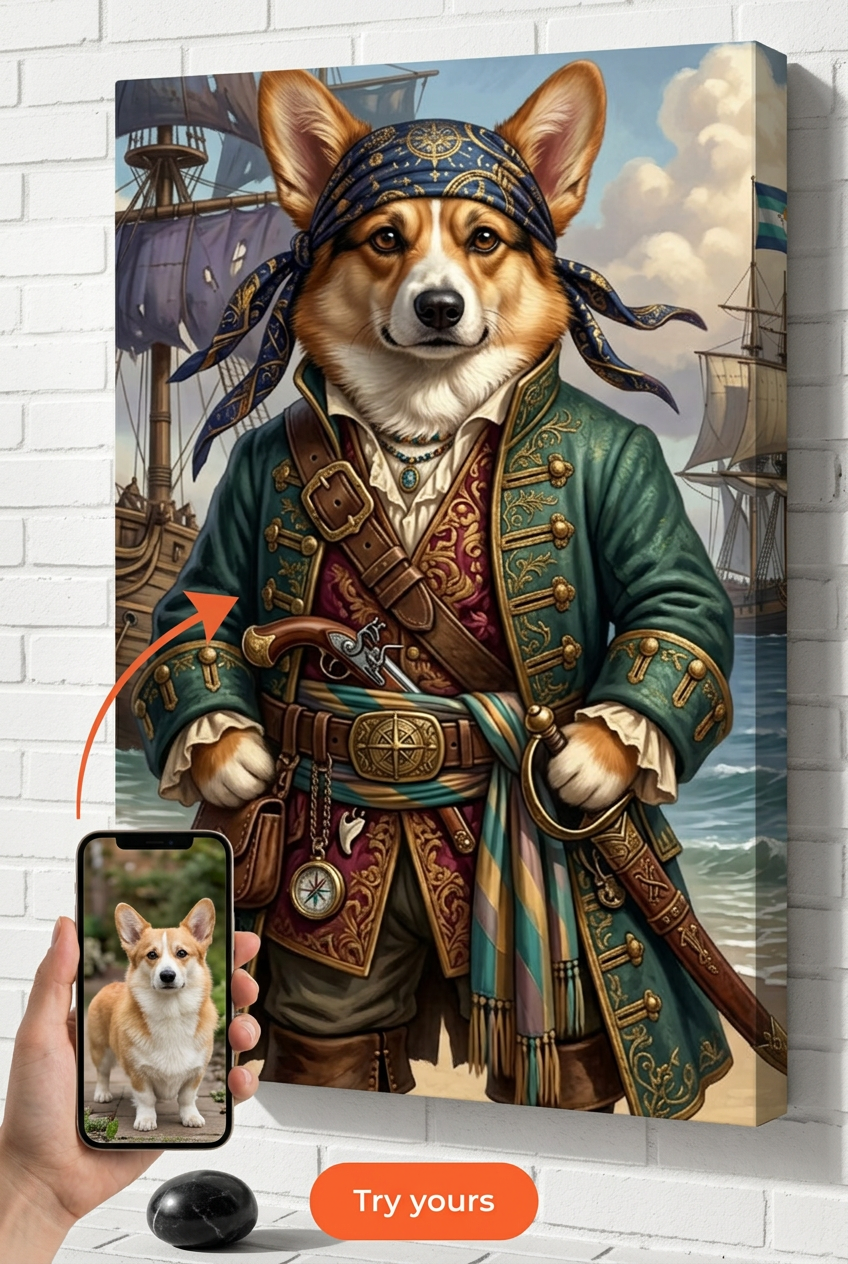 Portrait personnalisé de Corgi pirate à partir d'une photo | Cadeau pour animal personnalisé sur toile
