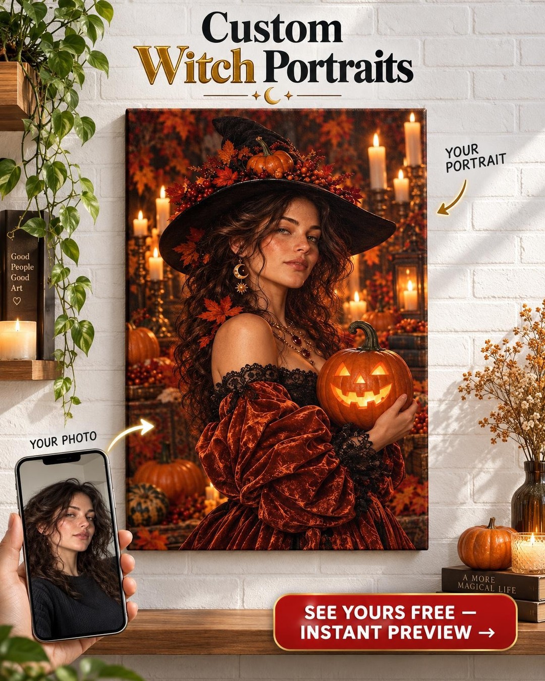 Pumpkin Queen Witch Custom Portrait from Photo | Personalized For Her Gift