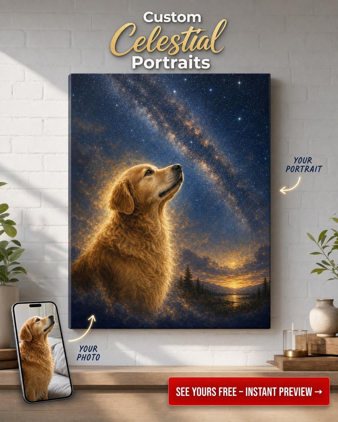 Custom Memorial Pet-Dog Portrait — Starry Sky Canvas from Photo